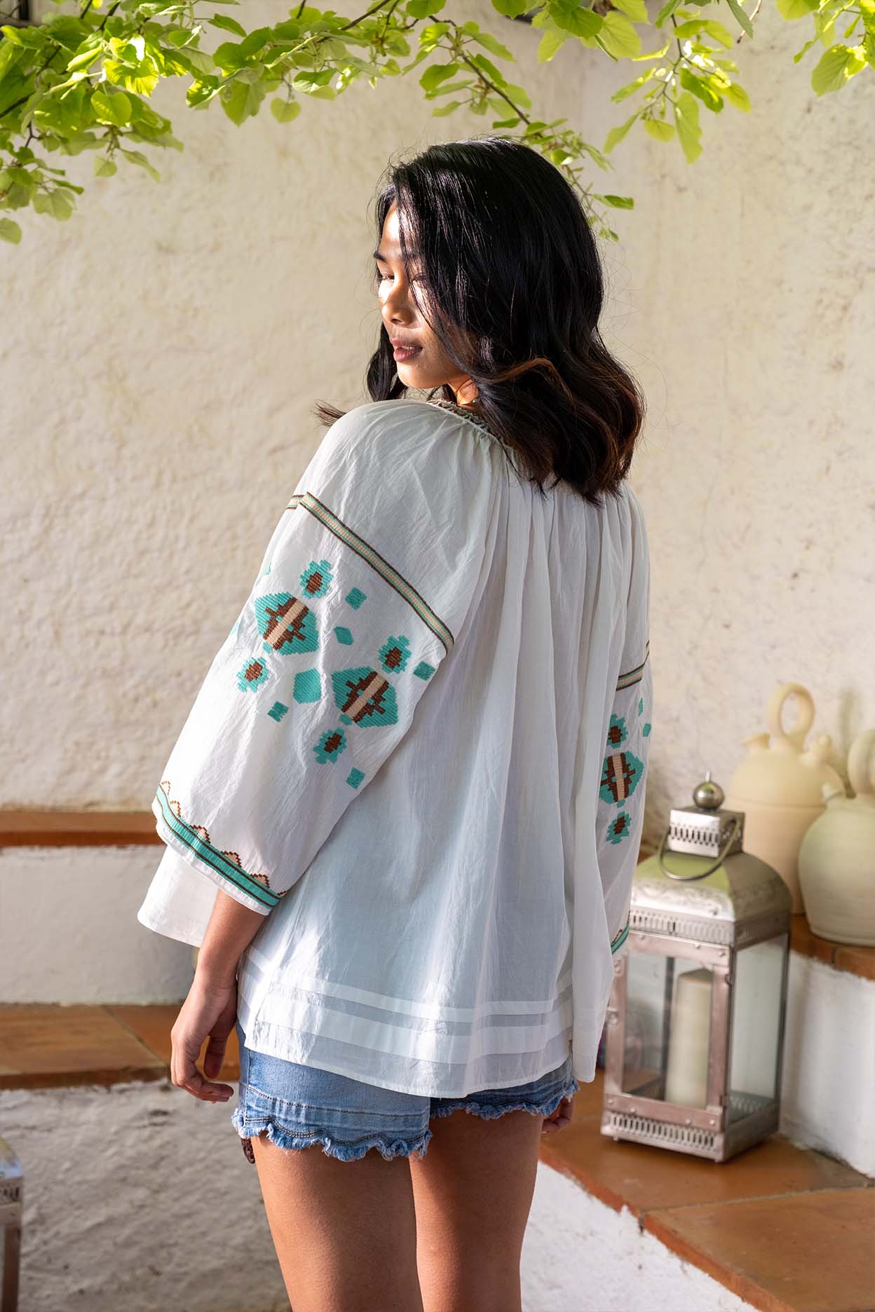 Camisa Oversize Bordado Étnico Turquesa