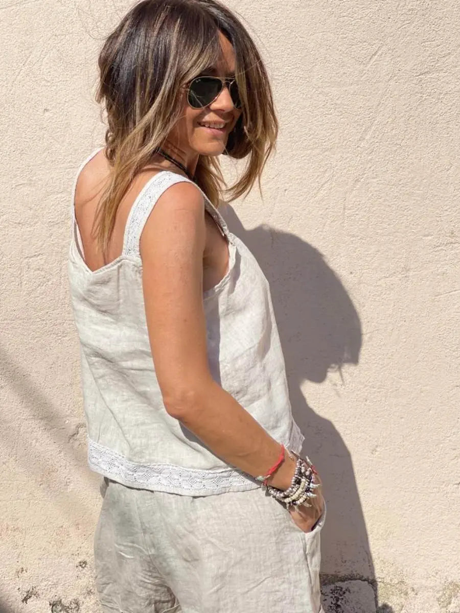 Top lino botones beige elvestidordecandela