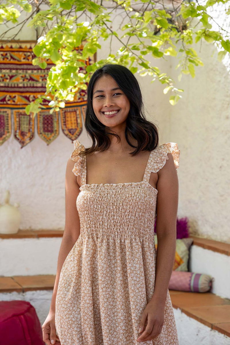Vestido largo con escote cuadrado estampado floral BEIGE