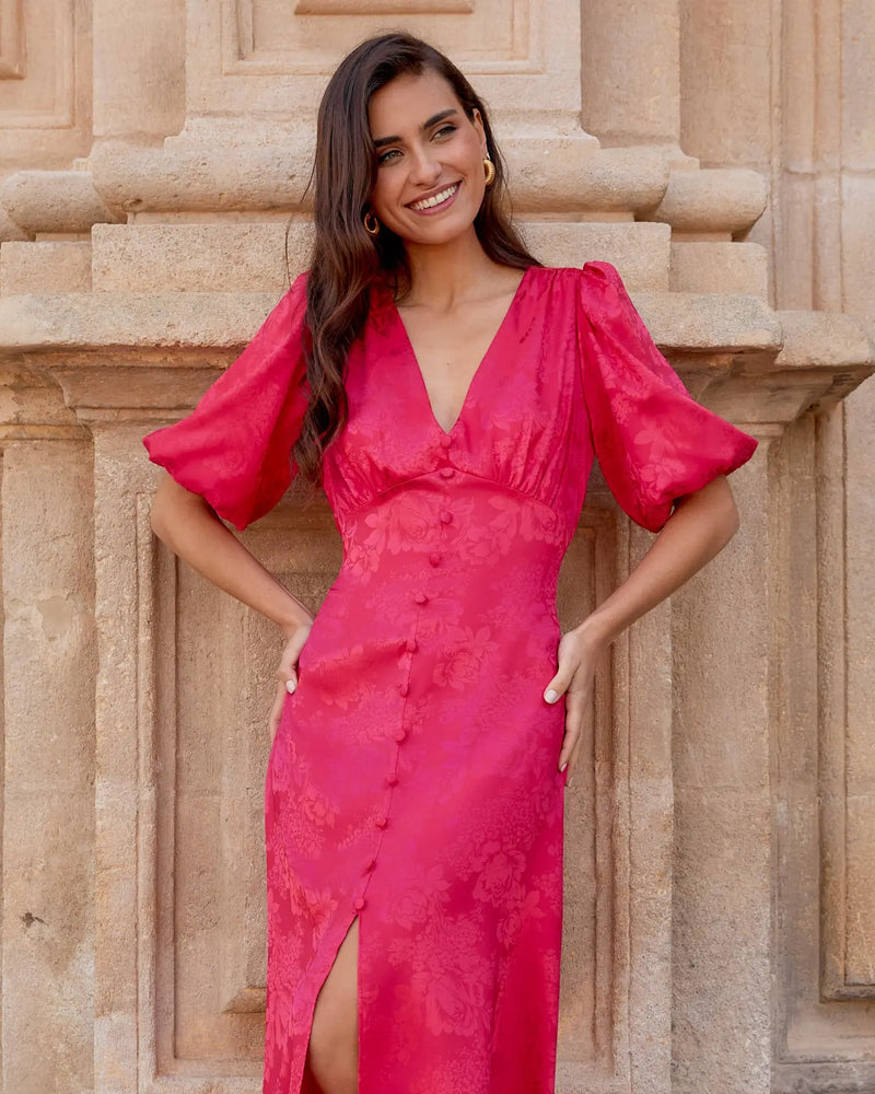 Vestido Daniela Jacquard Fucsia elvestidordecandela
